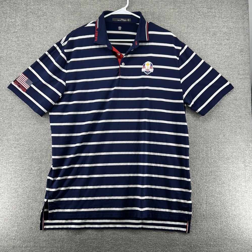 RLX Ralph Lauren 2018 Gold Cup Golf Polo Men Sz Large Blue Striped Short Sleeve